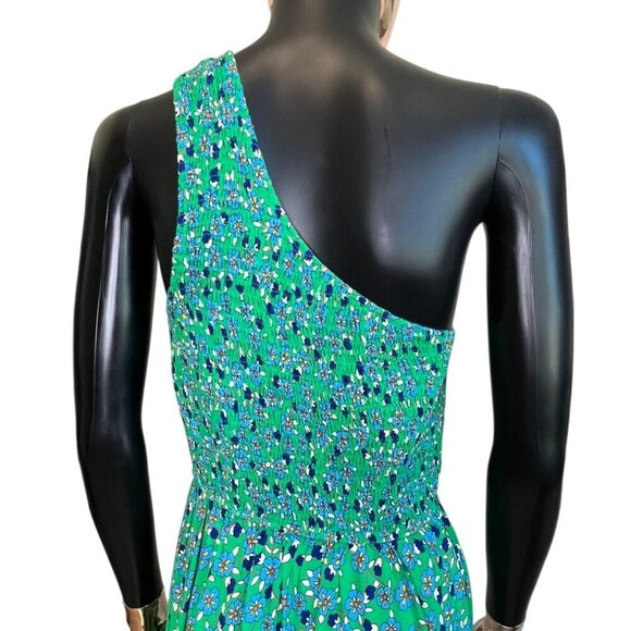 ZESICA One-Shoulder Green Floral Midi Dress Smocked Bodice & Flowy Tiered Skirt - Picture 10 of 13